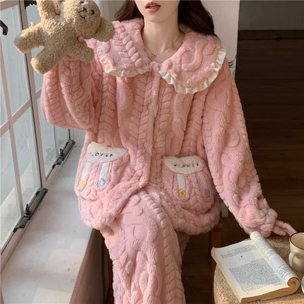Conjunto de pijama de lana Coral para mujer, ropa de dormir cálida con forro polar para invierno, ropa de descanso de franela acogedora, traje para estar en casa, ropa de dormir cómoda
