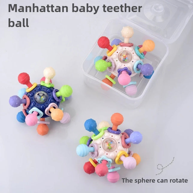 Sonajero de bola de dedo de Manhattan infantil, bola de átomo, mordedor giratorio, juguete de dentición, bola de Gel suave