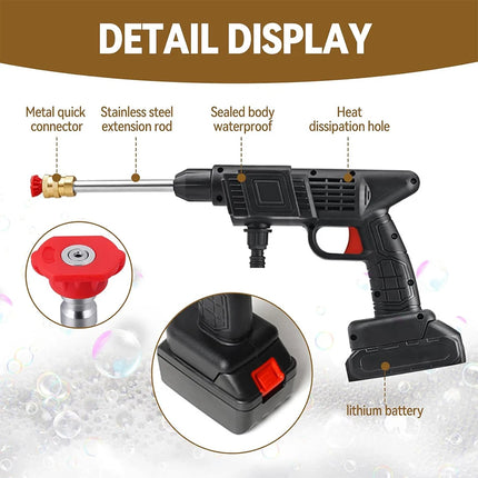 Hidrolavadora a Presión Inalámbrica 60 Bar, 30000mAh 48V, Motor 300W, Pistola de Agua Portátil con Batería de Larga Duración (60 min), Limpiador de Coches y Exteriores – Negro