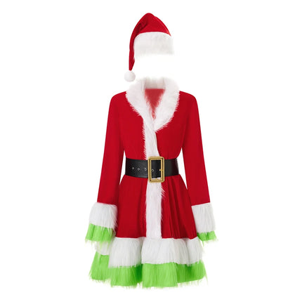 Disfraz de Papá Noel para mujer, disfraz de Navidad de señora Santa Claus, vestido de terciopelo esponjoso con capucha y cinturón