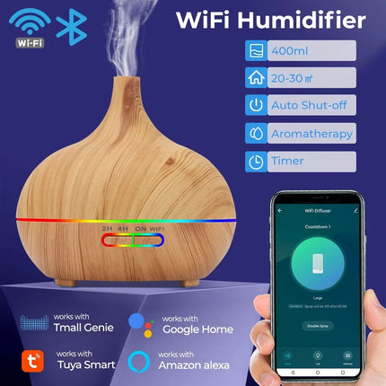 Humidificador de aire inteligente WiFi, difusor de aceites esenciales de 400ml, humidificadores de aire ultrasónicos para aromaterapia, pulverizador de niebla fría, Humidificador