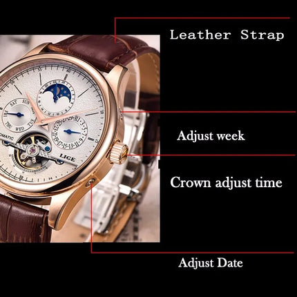Reloj Mecánico Automático LIGE para Hombre – Tourbillon con Correa de Cuero Genuino