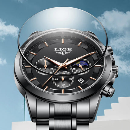 Reloj de Cuarzo LIGE para Hombre – Lujo Clásico con Fase Lunar y Fecha Automática