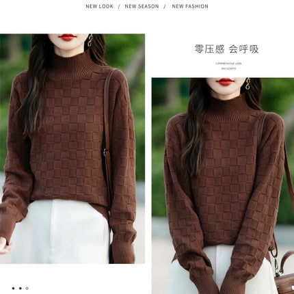 Suéter de algodón 100% para mujer, jersey de cuello medio alto, camisa con patrón cuadrado, Top de punto suelto a la moda, otoño e invierno, nuevo