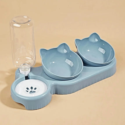 Cuencos para mascotas con alimentador de agua, diseño de oreja inclinado, juego de cuencos para agua y comida para gatos con botella de agua por gravedad para protección del cuello, 3 en 1