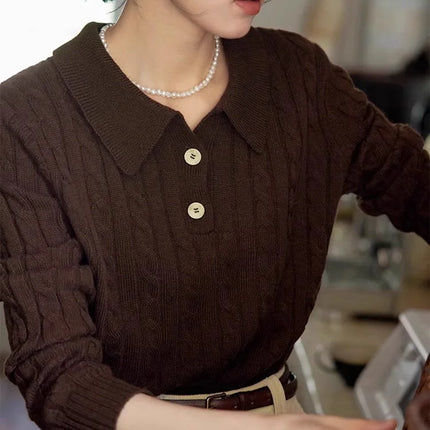 100% suéter de lana pura para mujer 2025 Otoño/Invierno nuevo jersey con cuello POLO moda coreana solapa suave Top de Cachemira de punto para mujer