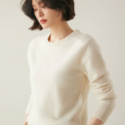 Suéter elegante de Cachemira de 100% con cuello redondo para mujer, jersey de Color sólido, ropa informal básica de otoño e invierno, prendas de punto gruesas y cálidas, Tops suaves