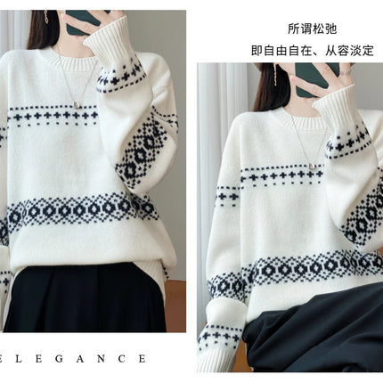 Jersey de punto de lana 100%, superventas, suéter jacquard con cuello redondo, top grueso holgado a la moda para otoño e invierno para mujer