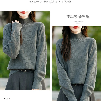 Suéter de algodón 100% para mujer, jersey de cuello medio alto, camisa con patrón cuadrado, Top de punto suelto a la moda, otoño e invierno, nuevo