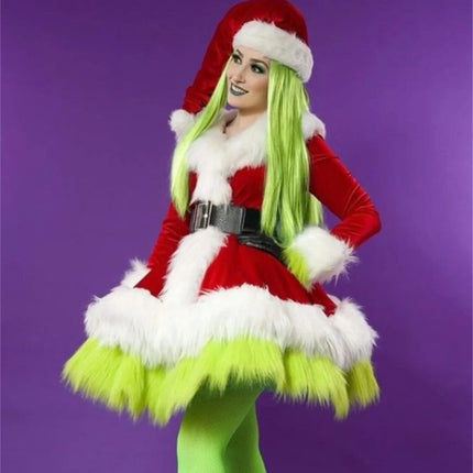 Disfraz de Papá Noel para mujer, disfraz de Navidad de señora Santa Claus, vestido de terciopelo esponjoso con capucha y cinturón