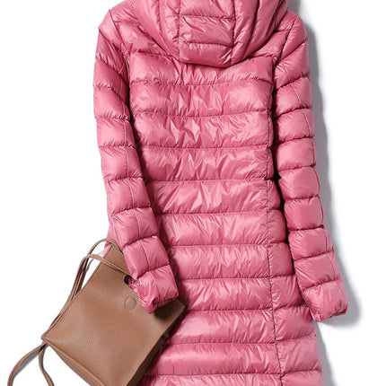 Haze Blue Chaqueta larga liviana para mujer, abrigo de manga larga con capucha, talla asiática M-7XL, Parkas disponibles en rojo, negro, azul y morado