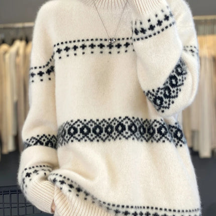 Jersey de punto de lana 100%, superventas, suéter jacquard con cuello redondo, top grueso holgado a la moda para otoño e invierno para mujer