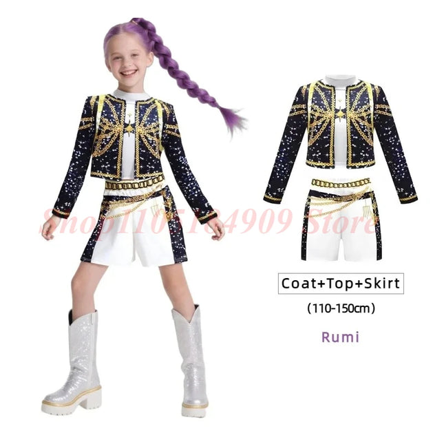Disfraz de cazadores de demonios kpop para niños, disfraz de rumi para niñas, impresiones de rol de película, disfraces de Cosplay, disfraces de fiesta de Carnaval, conjunto Huntrix 2026