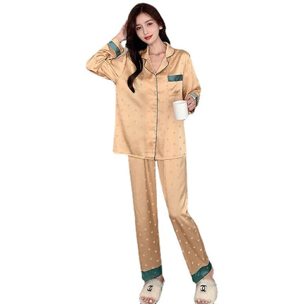 Conjunto de Pijama de Seda de Hielo de Otoño para Mujer – 2 Piezas Moderno y Elegante