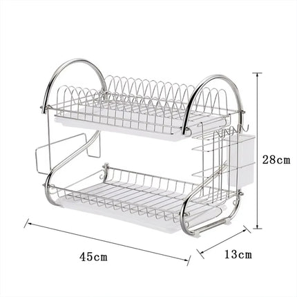 Heavy Duty 2-Layer S-Shaped Stainless Steel Dish Dryer, with Cup-Shaped Drain, Space-Saving Curved Design and Top and Bottom Countertop, Dishwasher Safe, Anti-Rust, Easy to Clean (40X25X36Cm)