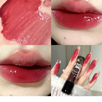 PINKCOCO Bear Doodle Mirror Lip Glaze - Brillo de labios brillante de larga duración, lápiz labial desnudo que brilla la piel, apto para estudiantes