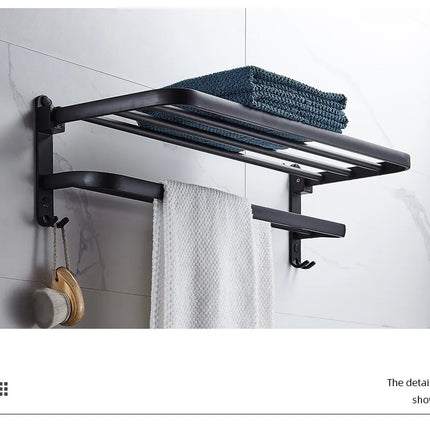 Soporte plegable negro mate de 50cm con gancho, soporte para toallas de pared, soporte para toallas de aluminio