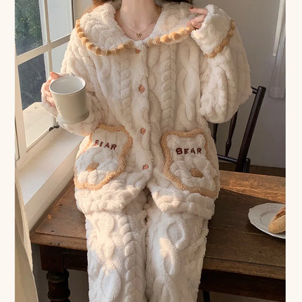 Conjunto de pijama de lana Coral para mujer, ropa de dormir cálida con forro polar para invierno, ropa de descanso de franela acogedora, traje para estar en casa, ropa de dormir cómoda