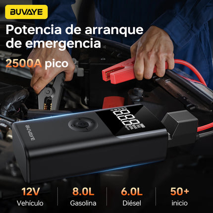 BUVAYE 4 en 1 Arrancador de Batería Portátil 2500A, Banco de Energía, Bomba de Aire 150PSI, Powerbank 12V para Coche, Arrancador de Emergencia Multifuncional con Luz LED SOS