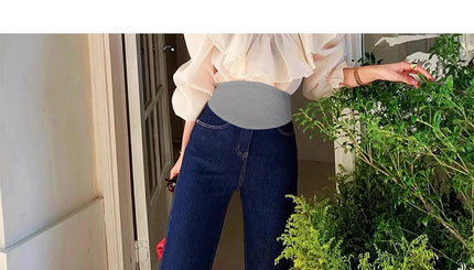 Nuevo artículo novedoso de moda coreana, pantalones vaqueros recortados elásticos de maternidad de mezclilla azul profundo, pantalones de verano y otoño para mujeres embarazadas