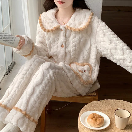 Conjunto de pijama de lana Coral para mujer, ropa de dormir cálida con forro polar para invierno, ropa de descanso de franela acogedora, traje para estar en casa, ropa de dormir cómoda