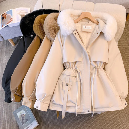 Chaqueta de plumón con Capucha forrada de lana para mujer, abrigo de invierno, Parkas acolchadas con cordón cálido, ropa de calle informal coreana, prendas de vestir acolchadas para mujer