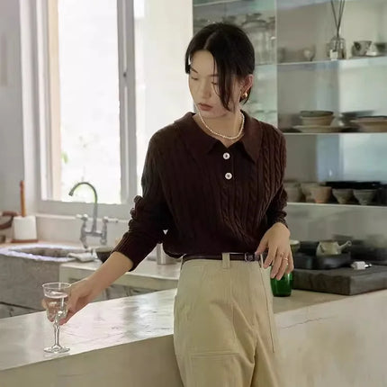 100% suéter de lana pura para mujer 2025 Otoño/Invierno nuevo jersey con cuello POLO moda coreana solapa suave Top de Cachemira de punto para mujer