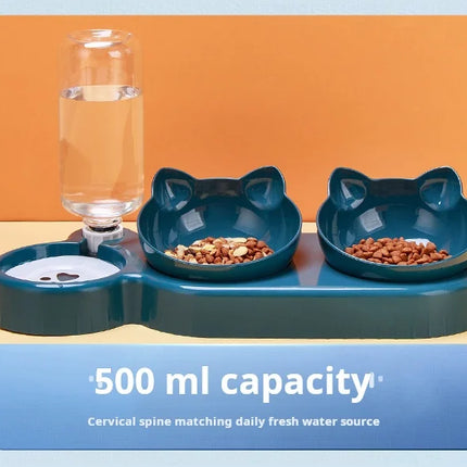Cuencos para mascotas con alimentador de agua, diseño de oreja inclinado, juego de cuencos para agua y comida para gatos con botella de agua por gravedad para protección del cuello, 3 en 1