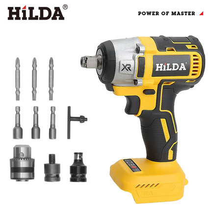 HILDA-llave eléctrica sin escobillas con batería de iones de litio de 1/2 pulgadas, herramientas eléctricas inalámbricas para batería Makita de 18V con luz Led