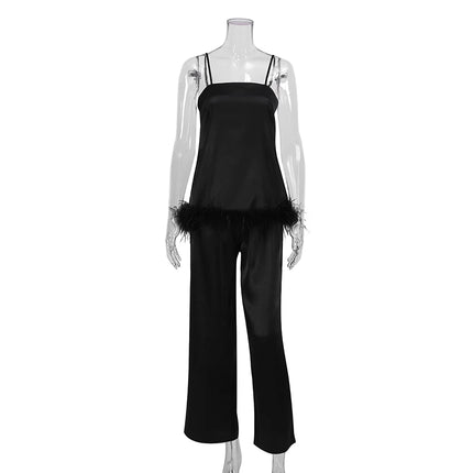 Pijamas de satén con plumas para mujer, conjuntos de ropa de dormir con pantalones, traje para casa con tirantes finos negros, trajes de pantalón blanco 2022