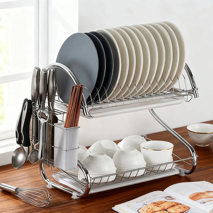 Heavy Duty 2-Layer S-Shaped Stainless Steel Dish Dryer, with Cup-Shaped Drain, Space-Saving Curved Design and Top and Bottom Countertop, Dishwasher Safe, Anti-Rust, Easy to Clean (40X25X36Cm)