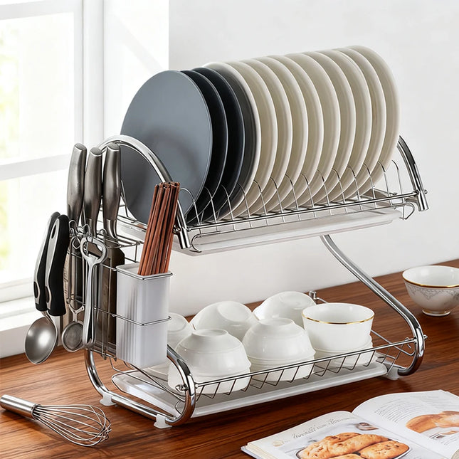 Heavy Duty 2-Layer S-Shaped Stainless Steel Dish Dryer, with Cup-Shaped Drain, Space-Saving Curved Design and Top and Bottom Countertop, Dishwasher Safe, Anti-Rust, Easy to Clean (40X25X36Cm)