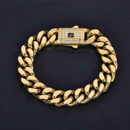 Pulsera Cubana Hip Hop de Lujo – Acero Inoxidable con Baño de Oro de 14K y Diamantes Simulados