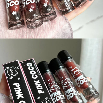 PINKCOCO Bear Doodle Mirror Lip Glaze - Brillo de labios brillante de larga duración, lápiz labial desnudo que brilla la piel, apto para estudiantes