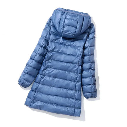 Haze Blue Chaqueta larga liviana para mujer, abrigo de manga larga con capucha, talla asiática M-7XL, Parkas disponibles en rojo, negro, azul y morado