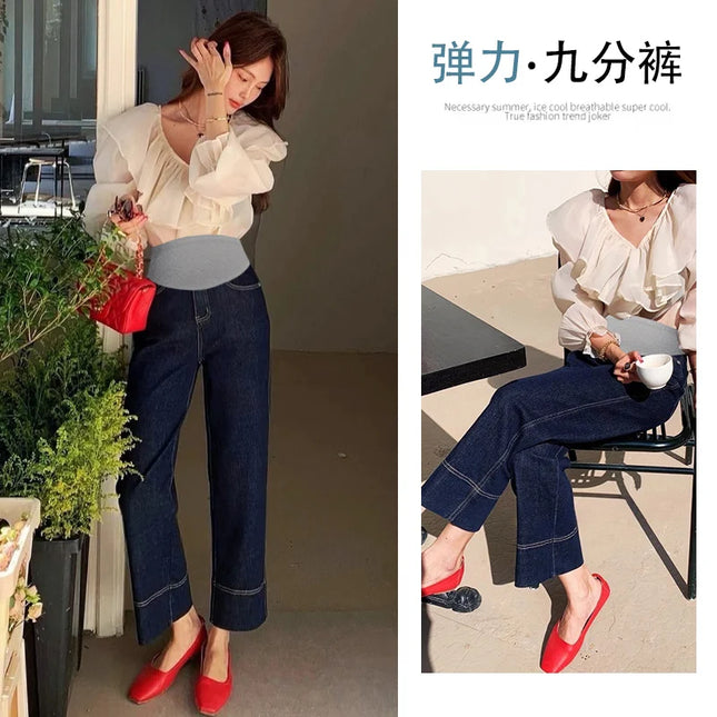 Nuevo artículo novedoso de moda coreana, pantalones vaqueros recortados elásticos de maternidad de mezclilla azul profundo, pantalones de verano y otoño para mujeres embarazadas