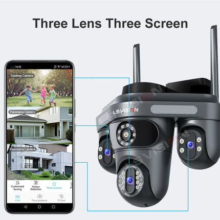 Cámara de tres pantallas WIFI 15MP 6K Monitor de tres lentes visión nocturna protección de seguridad 3 lentes PTZ videovigilancia
