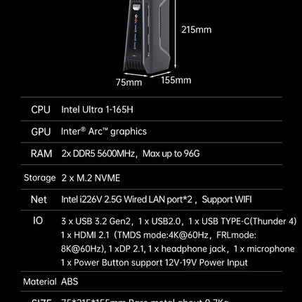 Helorpc Mini PC DIY para Juegos – Inter Ultra 7 165H, Soporte Windows 10 y Linux