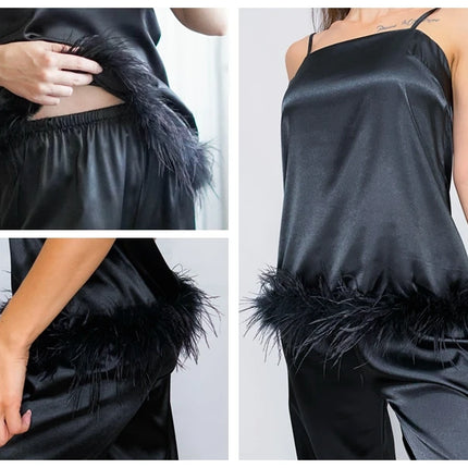 Pijamas de satén con plumas para mujer, conjuntos de ropa de dormir con pantalones, traje para casa con tirantes finos negros, trajes de pantalón blanco 2022