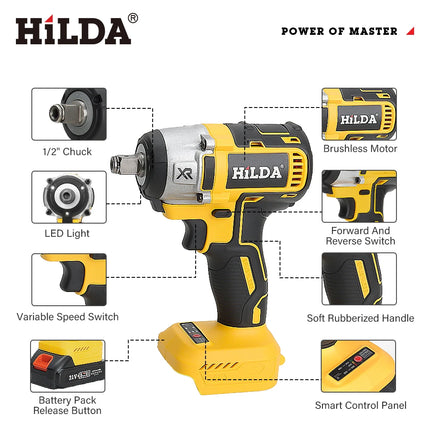 HILDA-llave eléctrica sin escobillas con batería de iones de litio de 1/2 pulgadas, herramientas eléctricas inalámbricas para batería Makita de 18V con luz Led