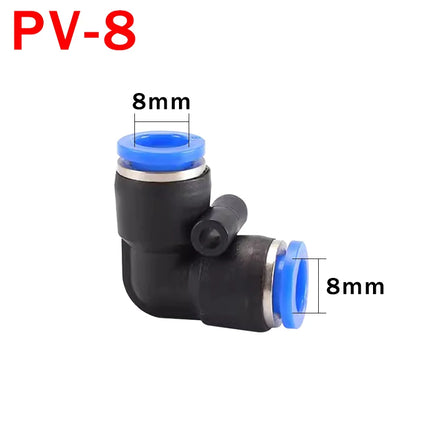 Juego de 20 Conectores Neumáticos en Codo PV – 90° de Plástico, Conector Rápido de 2 Vías (4mm / 6mm / 8mm / 10mm)