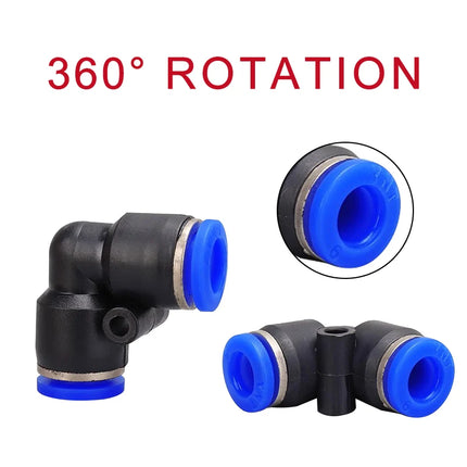 Juego de 20 Conectores Neumáticos en Codo PV – 90° de Plástico, Conector Rápido de 2 Vías (4mm / 6mm / 8mm / 10mm)