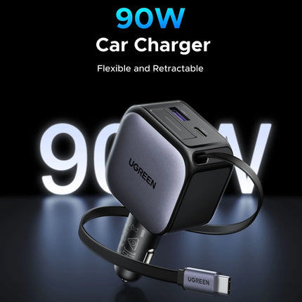 UGREEN 145W 90W 60W Cargador de coche 3 USB-C y 1 puertos USB-A PD QC4.0 Carga rápida con cable retráctil para iPhone 17 Pro MacBook