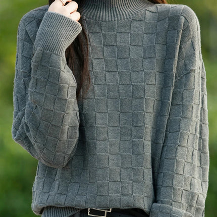 Suéter de algodón 100% para mujer, jersey de cuello medio alto, camisa con patrón cuadrado, Top de punto suelto a la moda, otoño e invierno, nuevo
