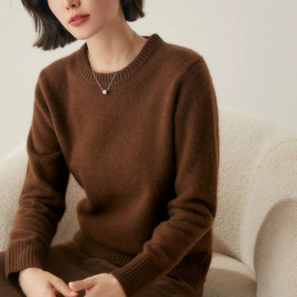 Suéter elegante de Cachemira de 100% con cuello redondo para mujer, jersey de Color sólido, ropa informal básica de otoño e invierno, prendas de punto gruesas y cálidas, Tops suaves