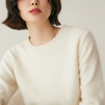 Suéter elegante de Cachemira de 100% con cuello redondo para mujer, jersey de Color sólido, ropa informal básica de otoño e invierno, prendas de punto gruesas y cálidas, Tops suaves