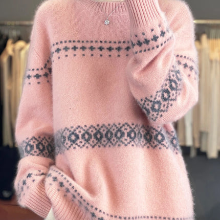 Jersey de punto de lana 100%, superventas, suéter jacquard con cuello redondo, top grueso holgado a la moda para otoño e invierno para mujer