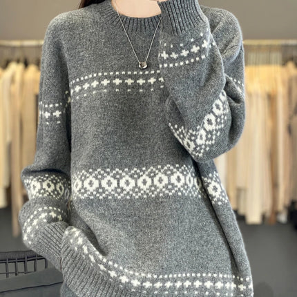 Jersey de punto de lana 100%, superventas, suéter jacquard con cuello redondo, top grueso holgado a la moda para otoño e invierno para mujer