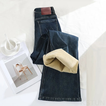 KSTUN 2025, pantalones vaqueros elásticos de lana de cintura alta Vintage para mujer, pantalones con parte inferior acampanada, pantalones vaqueros gruesos y cálidos, pantalones acampanados ajustados para mujer