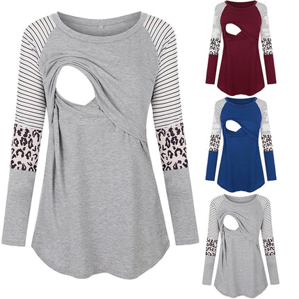 Blusa de lactancia de manga larga de maternidad para mujer, Tops de Color Patchwork para lactancia